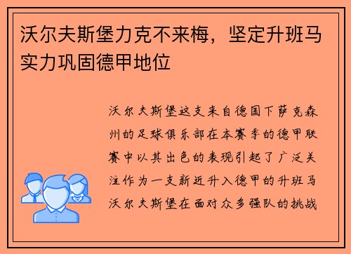 沃尔夫斯堡力克不来梅，坚定升班马实力巩固德甲地位